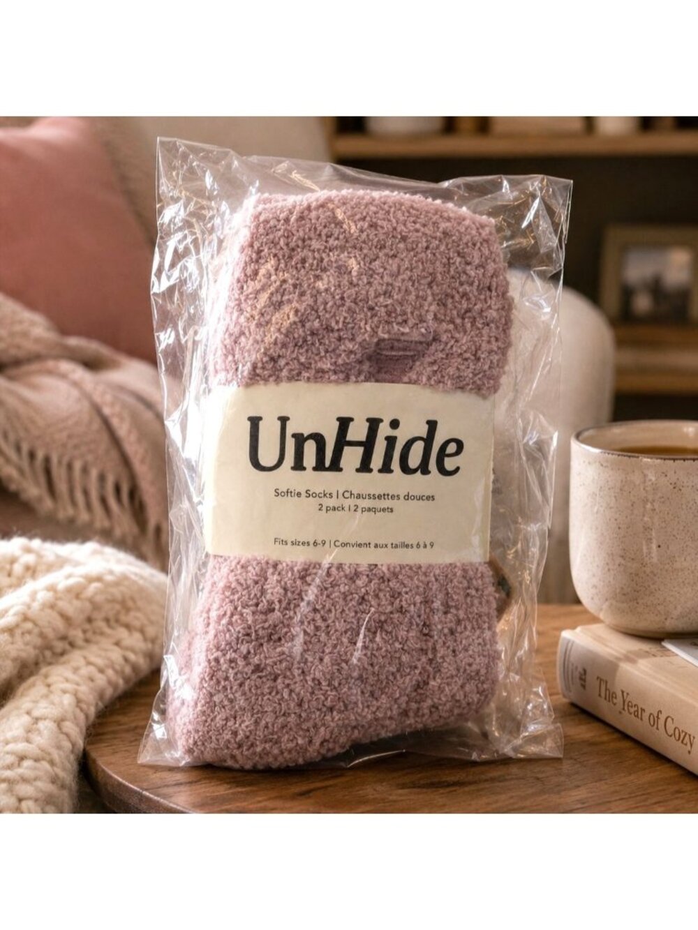 UnHide Softie Womens Sz 6-9 Socks 2-Pack Rosy Baby Greige Goose Cozy Plush NEW